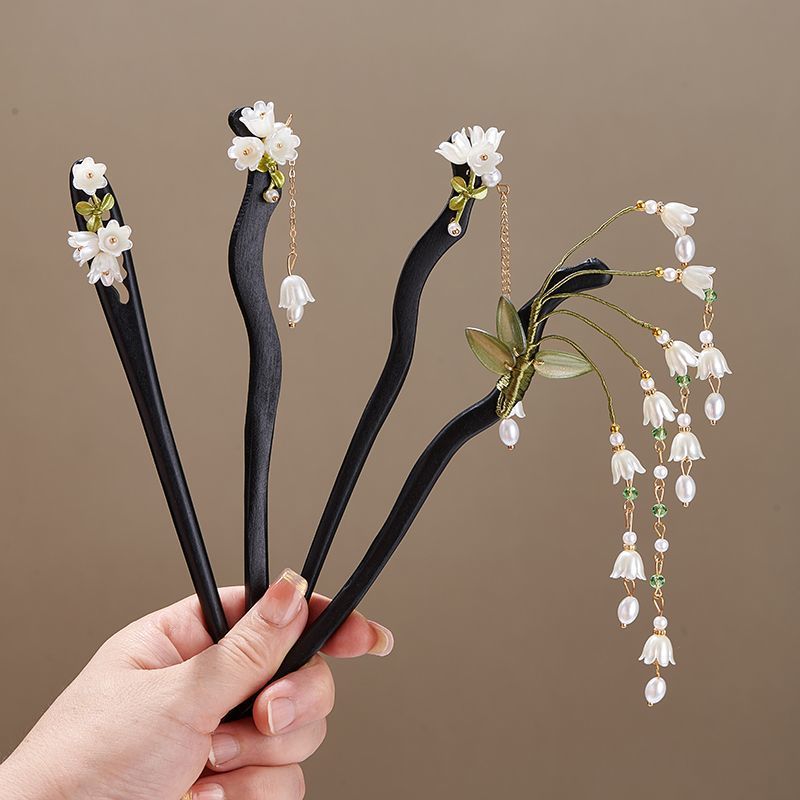 Florist Supplies - 木製フラワーヘアピンヴィンテージ Convallaria Majalis ロングタッセルヘアスティック女性のためのエレガントな髪飾りピンジュエリーヘアアクセサリー