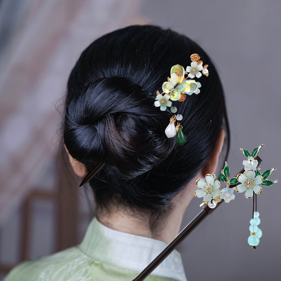 Florist Supplies - 木製タッセル付きステップシェイキングヘアスティック 女性用古代ヘアピン 花型ヘアピン お団子ヘア用 ファッションヘアアクセサリー ギフト