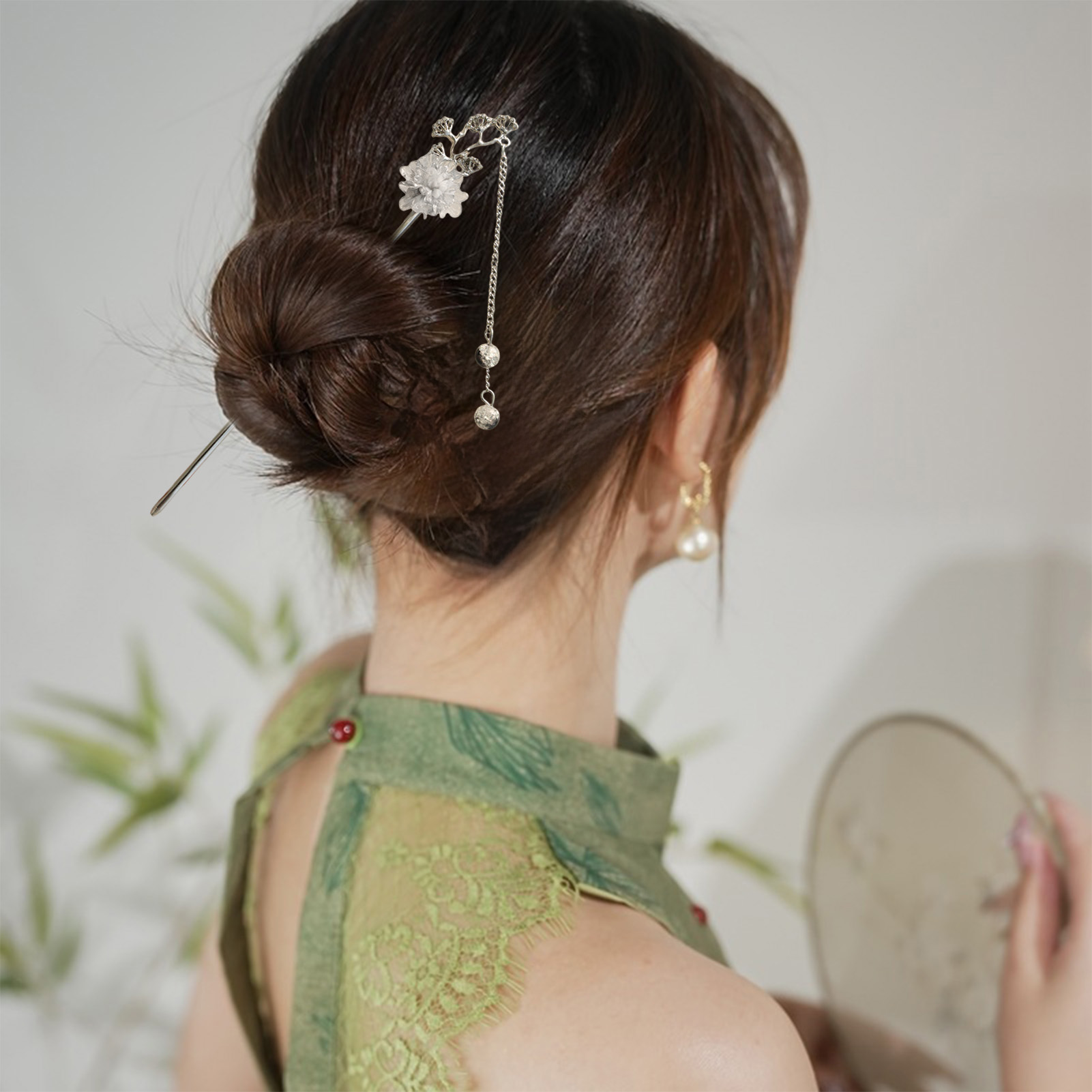 Florist Supplies - エレガントな花のヘアスティックフォーク合金ヘアクリップビーズチェーンペンダントヘッドピース女性レトロ中国ヘアジュエリーアクセサリー