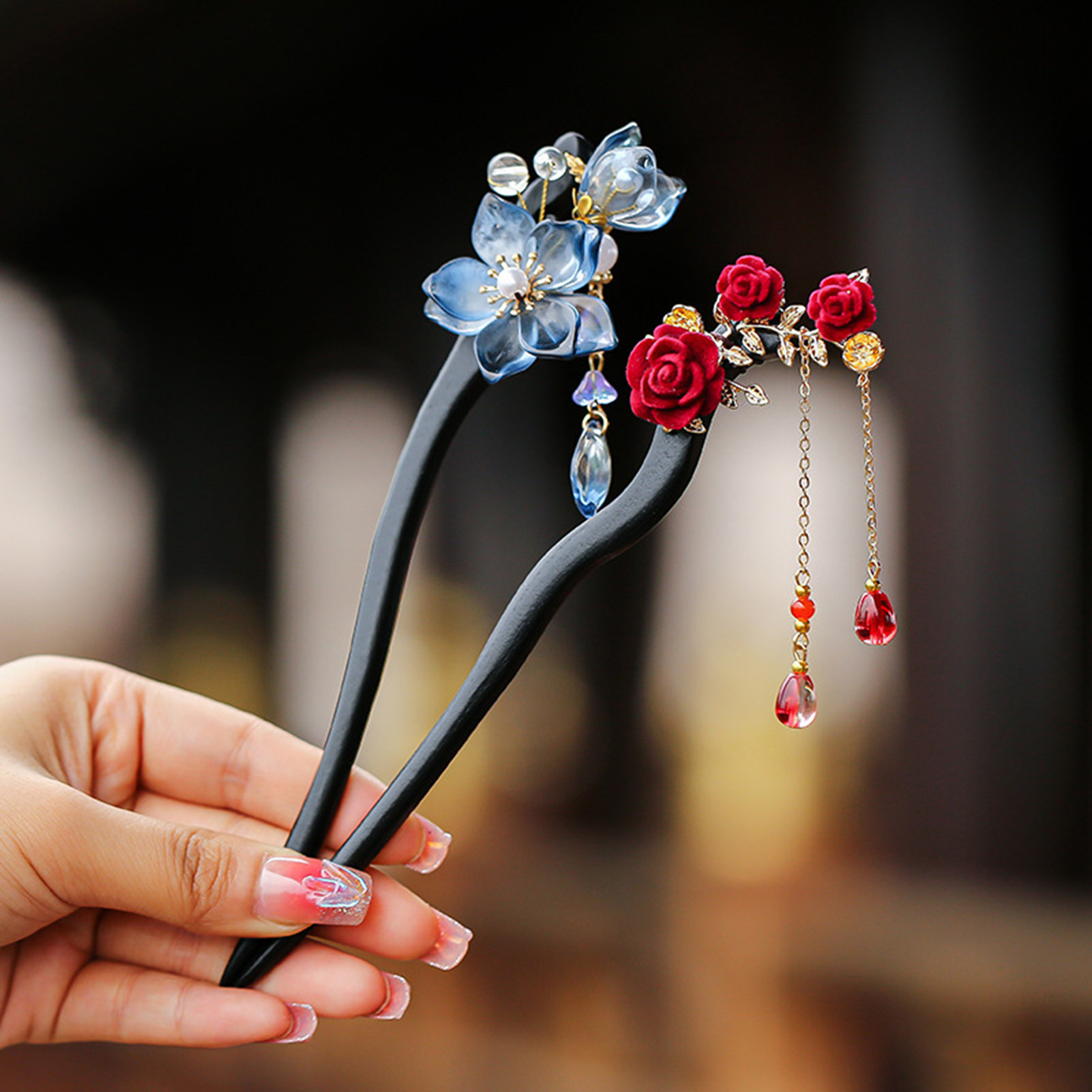 中国風の花のタッセルヘアピンヴィンテージ木製花柄パールヘアス - Florist Supplies のレビューと価格